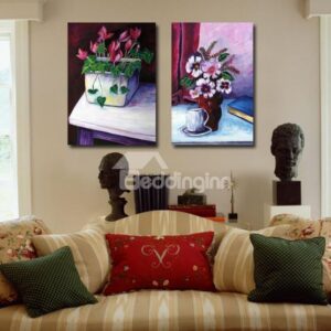New Arrival Oil-painting Style Lovely Flowers in the Vase Print 2-piece Cross Film Wall Art Prints