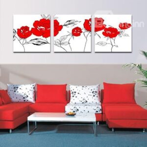 New Arrival Lovely Red Flowers Print 3-piece Cross Film Wall Art Prints