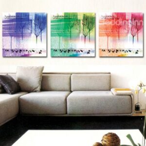 New Arrival Beautiful Colorful Trees and Letters Print 3-piece Cross Film Wall Art Prints