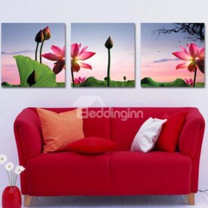 New Arrival Beautiful Lotus Flower and Green Leaves Print 3-piece Cross Film Wall Art Prints