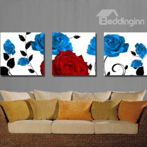 New Arrival Beautiful Blue and Red Roses Print 3-piece Cross Film Wall Art Prints