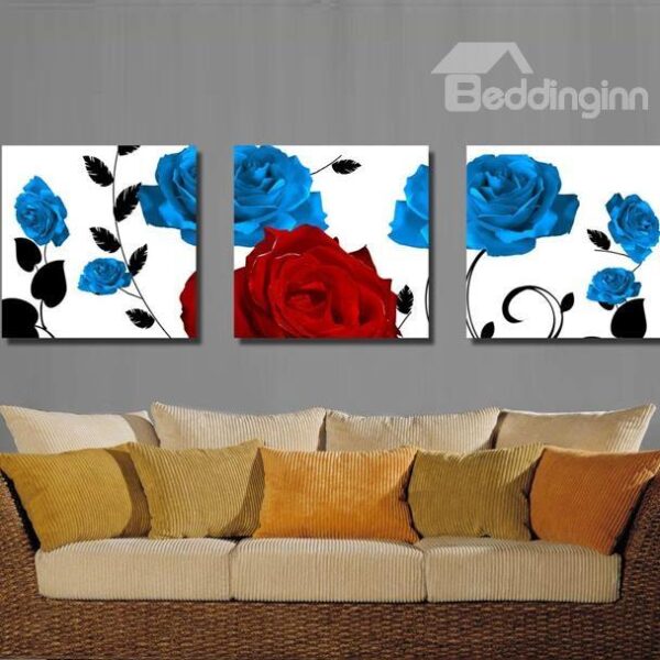 New Arrival Beautiful Blue and Red Roses Print 3-piece Cross Film Wall Art Prints
