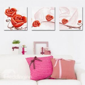 New Arrival Beautiful Painting of Red Roses Print 3-piece Cross Film Wall Art Prints