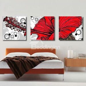 New Arrival Lovely Painting of Red Flower and Stamen Print 3-piece Cross Film Wall Art Prints