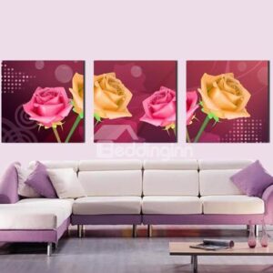 New Arrival Beautiful Pink and Yellow Roses Print 3-piece Cross Film Wall Art Prints