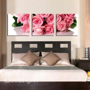 New Arrival Beautiful Pink Roses Bouquet Print 3-piece Cross Film Wall Art Prints