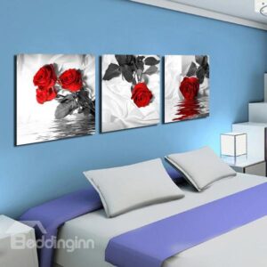 New Arrival Romantic Red Roses Over the Water Print 3-piece Cross Film Wall Art Prints