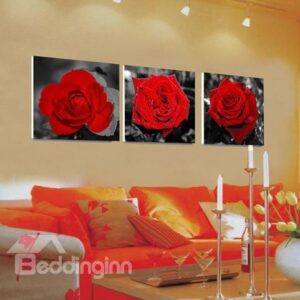 New Arrival Beautiful Red Roses Print 3-piece Cross Film Wall Art Prints