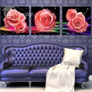 New Arrival Lovely Shiny Pink Roses Print 3-piece Cross Film Wall Art Prints