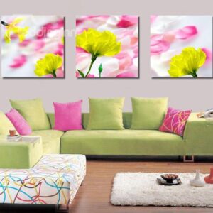 New Arrival Beautiful Yellow Flowers Pink Petals Print 3-piece Cross Film Wall Art Prints