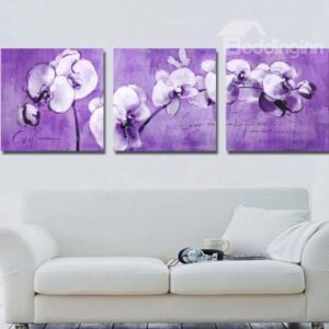 New Arrival Romantic Purple Flowers and Letters Print 3-piece Cross Film Wall Art Prints