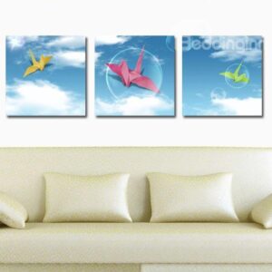 New Arrival Lovely Paper Cranes and Blue Sky Print 3-piece Cross Film Wall Art Prints
