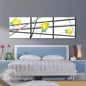 New Arrival Lovely Yellow Roses and Stripes Print 3-piece Cross Film Wall Art Prints