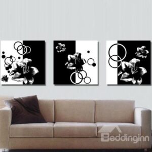 New Arrival Elegant Black and White Flowers Print 3-piece Cross Film Wall Art Prints