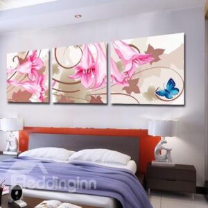 New Arrival Pretty Pink Lily Flowers and Blue Butterfly Print 3-piece Cross Film Wall Art Prints