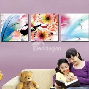New Arrival Lovely Colorful Flowers and Feather Print 3-piece Cross Film Wall Art Prints