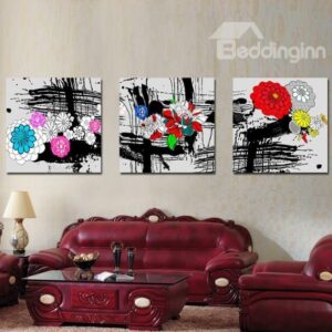 New Arrival Pretty Colorful Flowers and Black Scratches Print 3-piece Cross Film Wall Art Prints