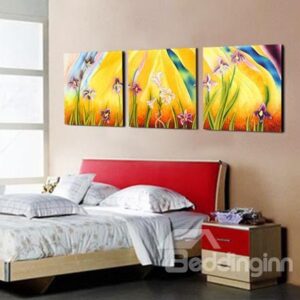 New Arrival Pretty Purple Lilies and Green Leaves Print 3-piece Cross Film Wall Art Prints
