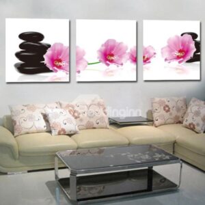 New Arrival Lovely Pink Flowers and Black Cobblestones Print 3-piece Cross Film Wall Art Prints