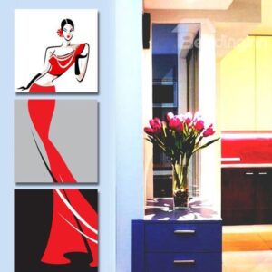 New Arrival Graceful Lady in Red Dress Print 3-piece Cross Film Wall Art Prints