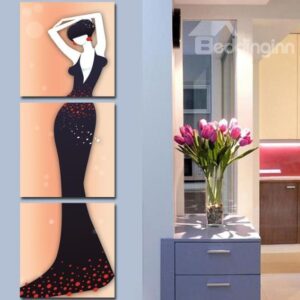 New Arrival Elegant Lady in Dark Purple Dress Print 3-piece Cross Film Wall Art Prints