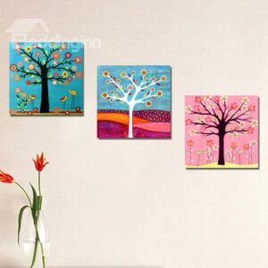 New Arrival Cute Colorful Flowers and Trees Print 3-piece Cross Film Wall Art Prints