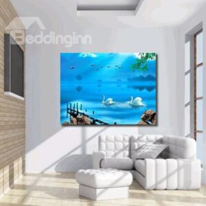 New Arrival Lovely Couple Swans on the Blue Lake Print Cross Film Wall Art Prints