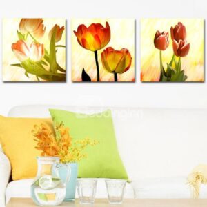 New Arrival Beautiful Golden Red Tulips Print 3-piece Cross Film Wall Art Prints