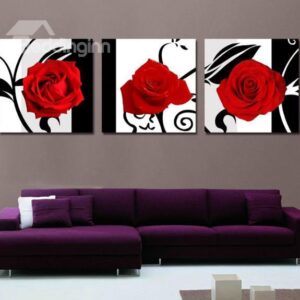 New Arrival Beautiful Red Roses and Black Patterns Print 3-piece Cross Film Wall Art Prints
