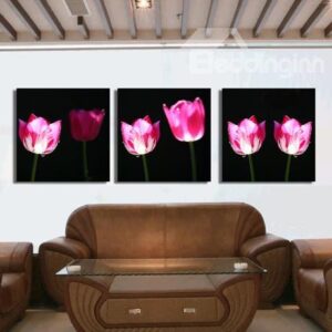New Arrival Stunning Pink Tulips Print 3-piece Cross Film Wall Art Prints