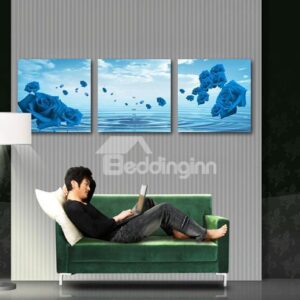 New Arrival Amazing Blue Roses and Water Drops Print 3-piece Cross Film Wall Art Prints