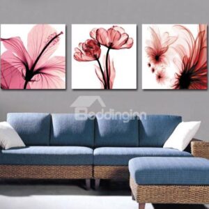 New Arrival Beautiful Pink Flowers and Stamen Print 3-piece Cross Film Wall Art Prints