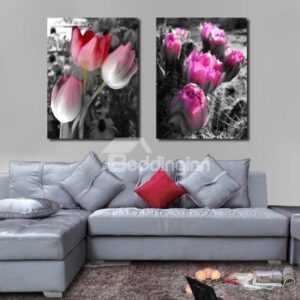 New Arrival Beautiful Red and Purple Flowers Print 2-piece Cross Film Wall Art Prints