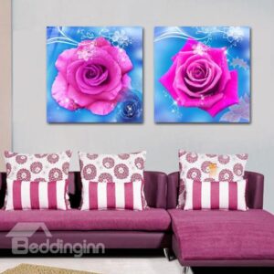 New Arrival Lovely Pink Roses Blue Borders Print 2-piece Cross Film Wall Art Prints