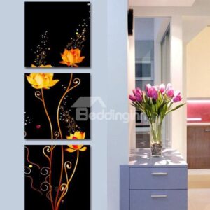 New Arrival Beautiful Golden Lotus Flowers Print 3-piece Cross Film Wall Art Prints