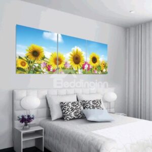 New Arrival Lovely Bright Sunflowers and Blue Sky Print 3-piece Cross Film Wall Art Prints