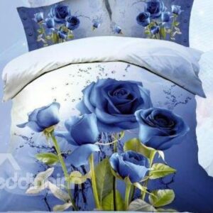 New Arrival Romantic Blue Roses Print 4 Piece Bedding Sets