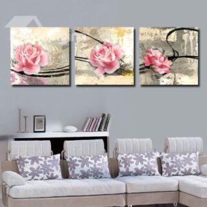 New Arrival Vintage Style Beautiful Pink Roses Print 3-piece Cross Film Wall Art Prints
