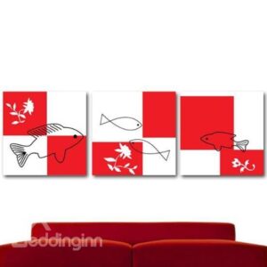 New Arrival Lovely Stick Figures of Fish Print 3-piece Cross Film Wall Art Prints