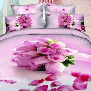 New Arrival Beautiful Light Purple Roses Bouquet Print 4 Piece Bedding Sets