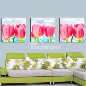 New Arrival Lovely Pink Tulips Print 3-piece Cross Film Wall Art Prints