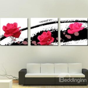 New Arrival Lovely Rose and Black Patterns Print 3-piece Cross Film Wall Art Prints