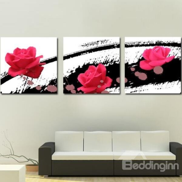 New Arrival Lovely Rose and Black Patterns Print 3-piece Cross Film Wall Art Prints