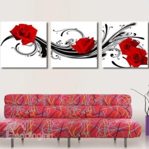 New Arrival Pretty Red Roses and Black Patterns Print 3-piece Cross Film Wall Art Prints