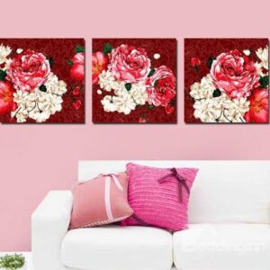 New Arrival Luxurious Red and Beige Peony Flowers Print 3-piece Cross Film Wall Art Prints