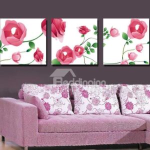 New Arrival Lovely Pink Roses and Green Leaves Print 3-piece Cross Film Wall Art Prints