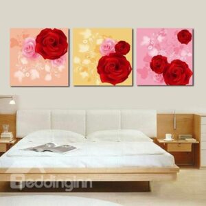 New Arrival Lovely Red and Pink Roses Print 3-piece Cross Film Wall Art Prints