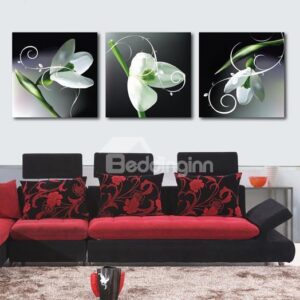 New Arrival Elegant White Flowers and Green Leaves Print 3-piece Cross Film Wall Art Prints