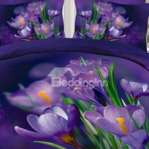 Beautiful Dark Purple Flowers and Green Leaves Print 4 Piece Bedding Sets