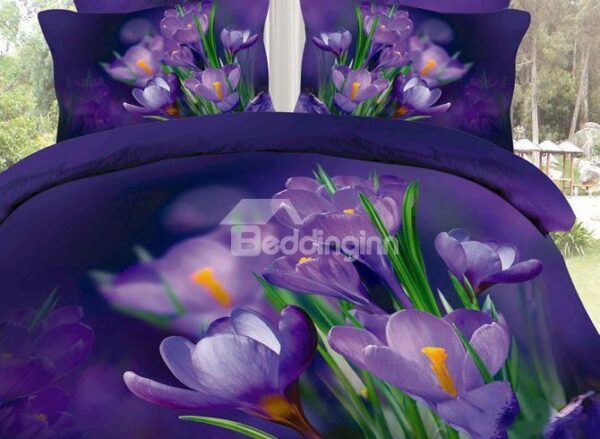 Beautiful Dark Purple Flowers and Green Leaves Print 4 Piece Bedding Sets